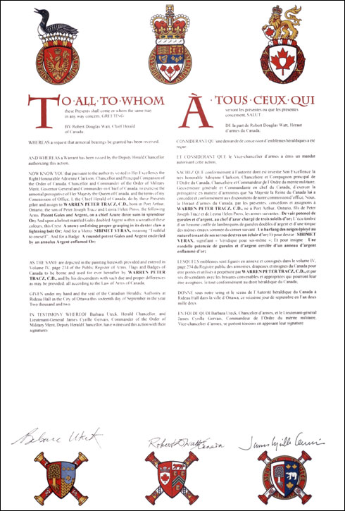 Letters patent granting heraldic emblems to Warren Peter Tracz