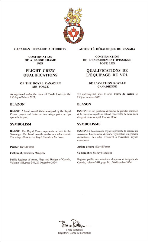 Lettres patentes enregistrant l'encadrement d’insigne de la Qualifications pour l'équipage de vol de l'Aviation royale cannadienne