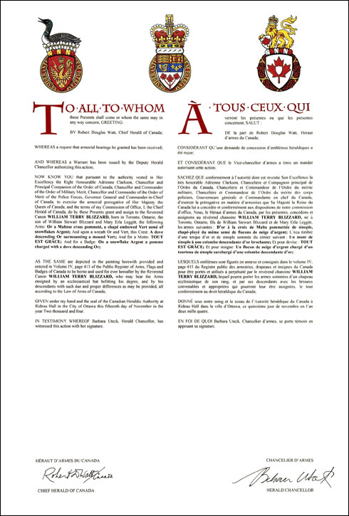 Letters patent granting heraldic emblems to William Terry Blizzard