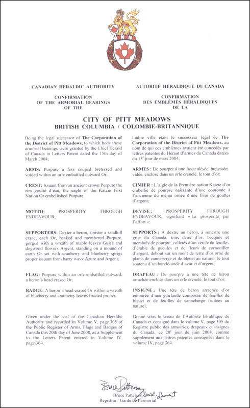 Letters patent confirming the heraldic emblems of the City of Pitt Meadows