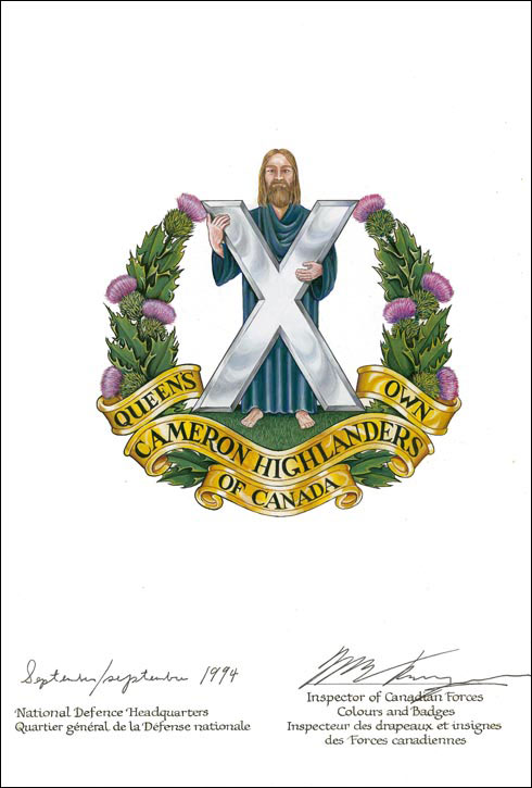 Lettres patentes confirmant le blasonnement de l'insigne de The Queen's Own Cameron Highlanders of Canada
