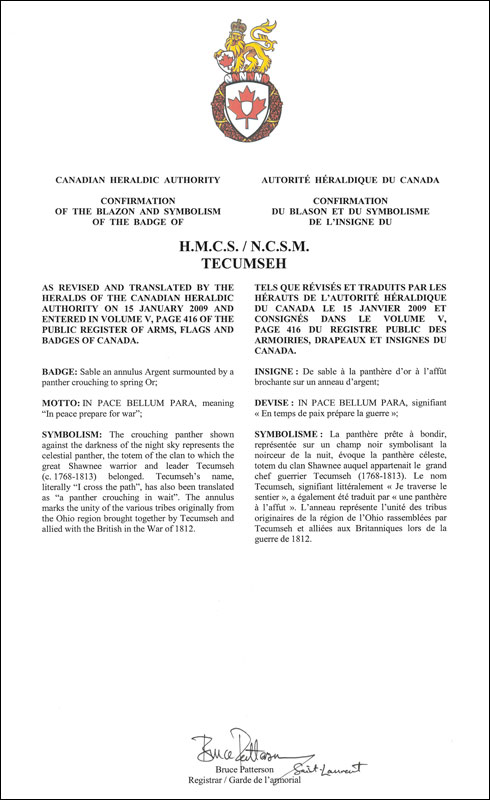 Lettres patentes confirmant le blasonnement de l'insigne du NCSM Tecumseh