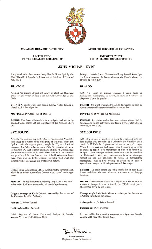 Lettres patentes enregistrant les emblèmes héraldiques de John Michael Eydt