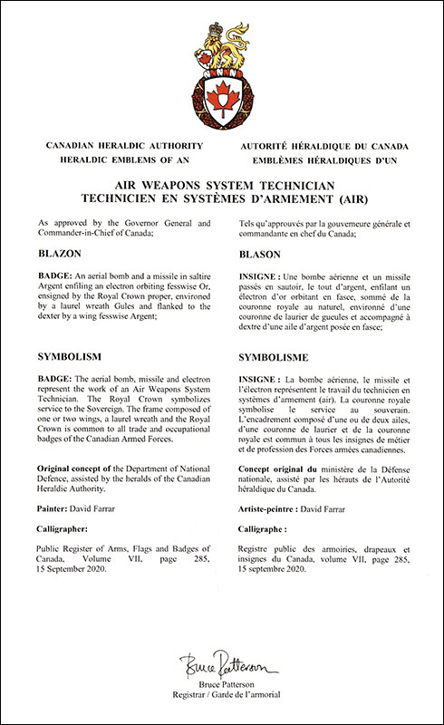 Lettres patentes approuvant les emblèmes héraldiques d'un Technicien en systèmes d’armement (air) de l’Aviation royale canadienne
