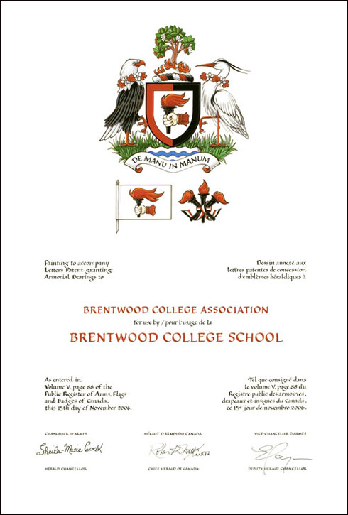 Letters patent granting heraldic emblems to Brentwood College Association, for use by Brentwood College School
