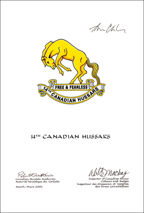 Approval of the Badge of the 14th Canadian Hussars