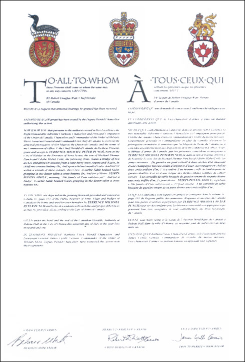 Letters patent granting heraldic emblems to Terrence Michael Peter Punch