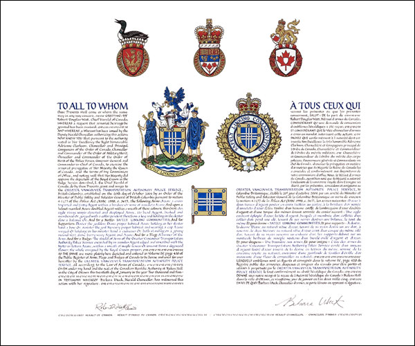 Letters patent granting heraldic emblems to the Greater Vancouver Transportation Authority Police Service