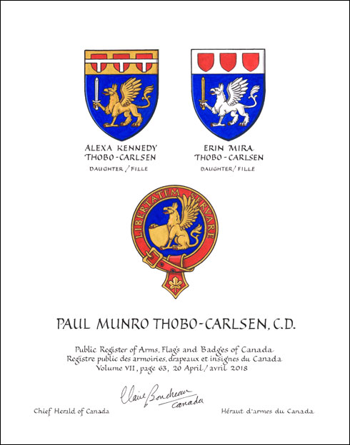 Letters patent granting heraldic emblems to Paul Munro Thobo-Carlsen