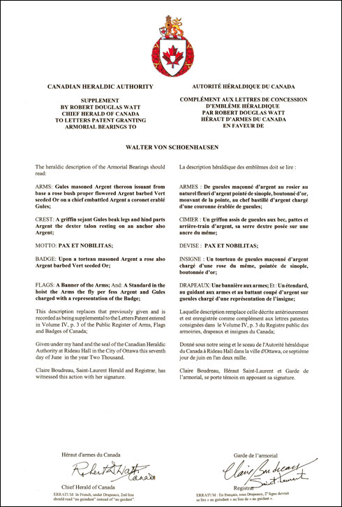 Supplementary Letters patent of Walter Von Schoenhausen