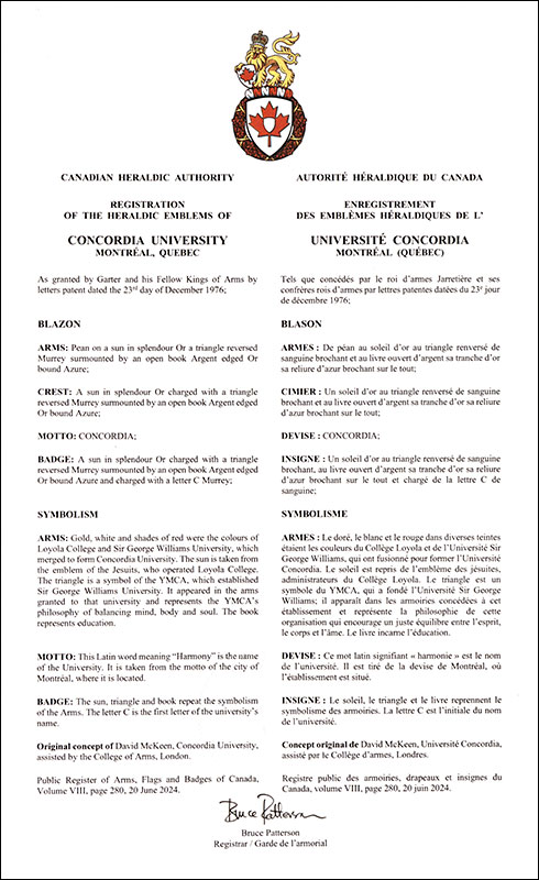 Lettres patentes enregistrant les emblèmes héraldiques de l'Université Concordia