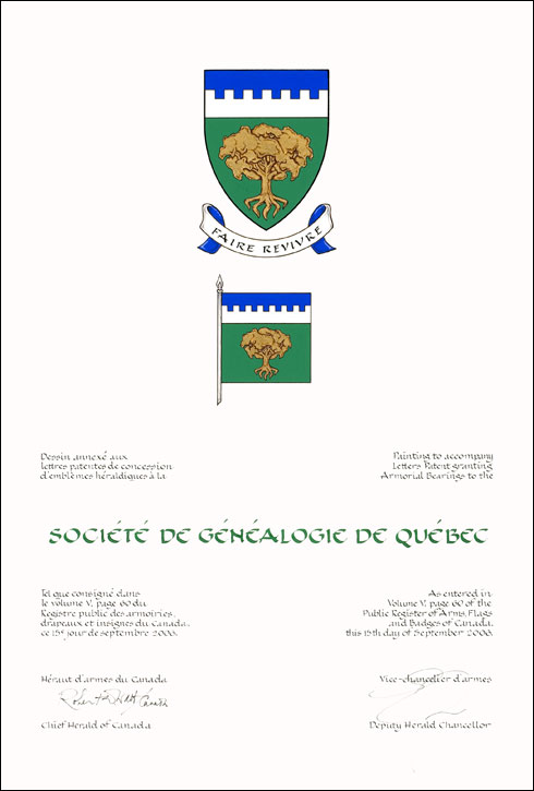 Lettres patentes concédant des emblèmes héraldiques à la Société de généalogie de Québec