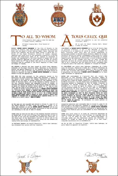 Letters patent registering the heraldic emblems of Andrew Austin Duncanson