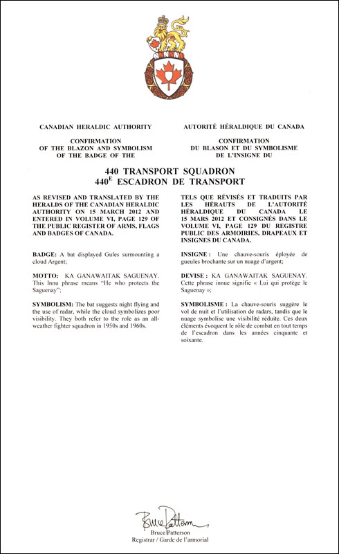 Lettres patentes confirmant le blasonnement de l'insigne du 440e Escadron de transport