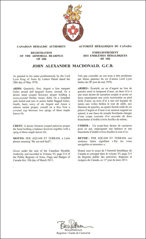 Letters patents registring the heraldic emblems of John Alexander Macdonald