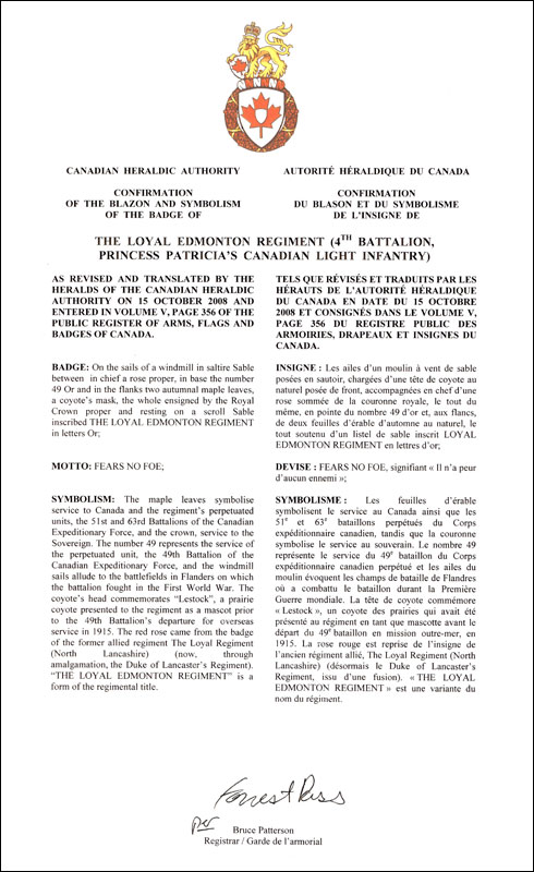 Lettres patentes confirmant le blasonnement de l'insigne de The Loyal Edmonton Regiment (4th Battalion, Princess Patricia’s Canadian Light Infantry)