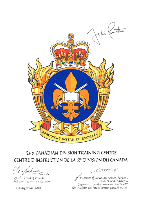 Lettres patentes approuvant les emblèmes héraldiques du Centre d'instruction de la 2e Division du Canada