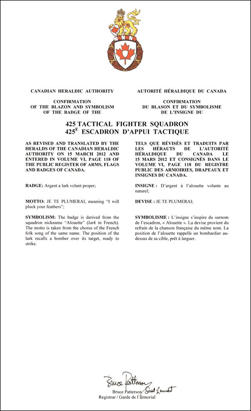 Lettres patentes confirmant le blasonnement de l'insigne du 425e Escadron d’appui tactique