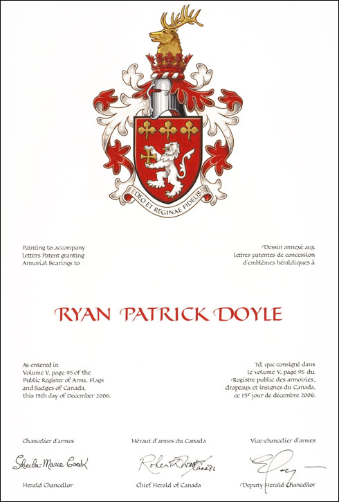 Lettres patentes concédant des emblèmes héraldique à Ryan Patrick Doyle