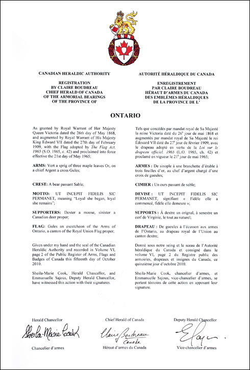 Lettres patentes enregistrant les emblèmes héraldiques de la Province de l'Ontario