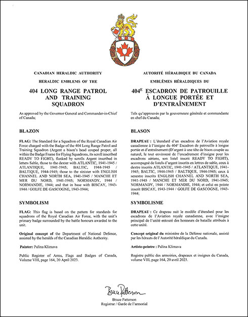 Lettres patentes confirmant les emblèmes héraldiques du 404e Escadron de patrouille à longue portée et d'entraînement