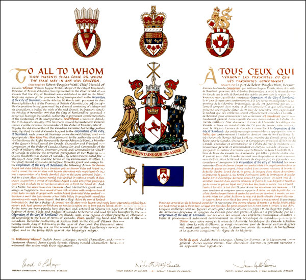 Lettres patentes concédant des emblèmes héraldiques à la Corporation of the City of Rossland