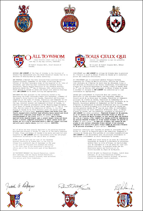 Letters patent granting heraldic emblems to Jan Libront