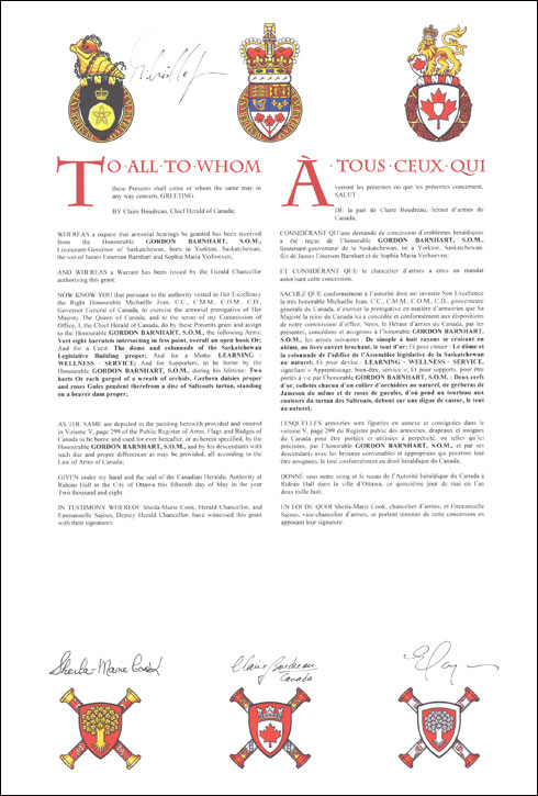 Letters patent granting heraldic emblems to Gordon Barnhart