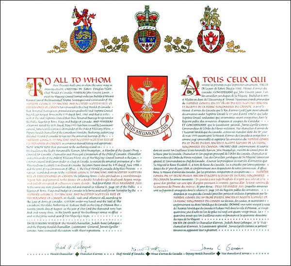 Letters patent registering the heraldic emblems of the Scottish Rite of Freemasonry of Canada