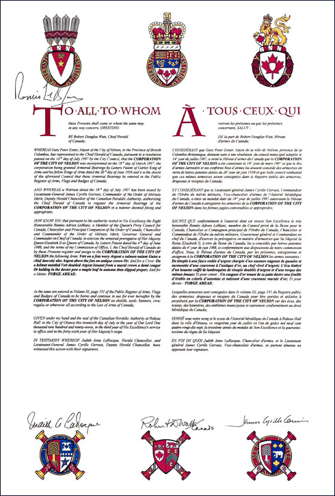 Letters patent registering the heraldic emblems of Corporation of the City of Nelson