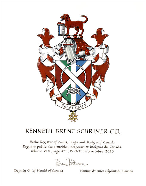 Letters patent granting heraldic emblems to Kenneth Brent Schriner