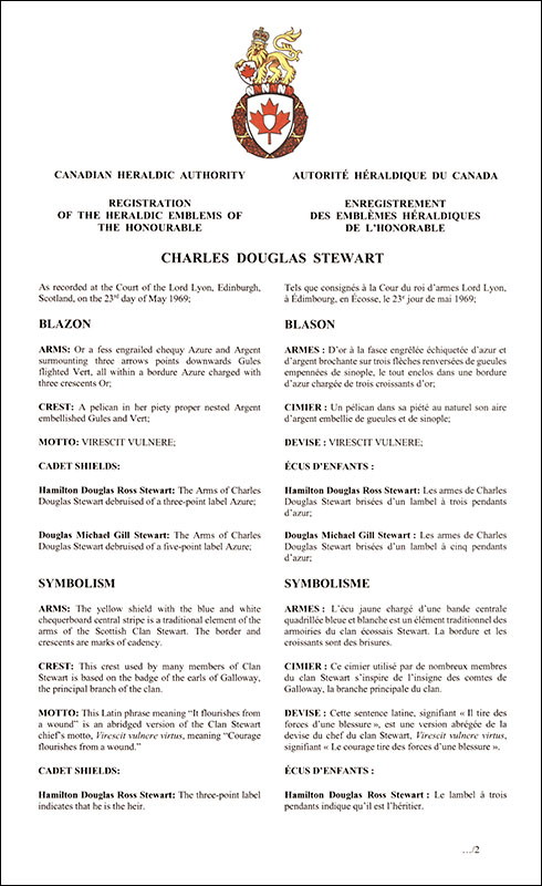 Lettres patentes enregistrant les emblèmes héraldiques de Charles Douglas Stewart