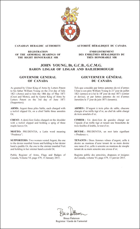 Lettres patentes enregistrant les emblèmes héraldiques de John Young