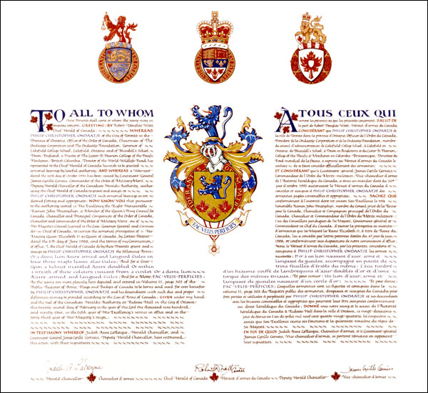 Letters patent granting heraldic emblems to Philip Christopher Ondaatje