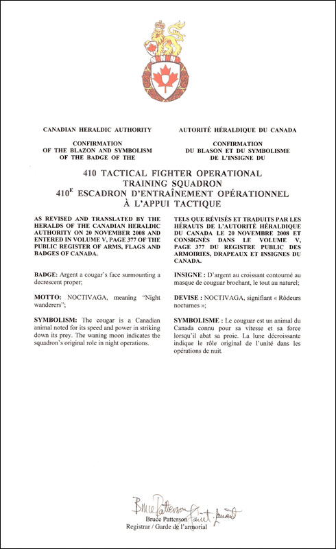 Letters patent confirming the blazon of the Badge of the 410 Tactical Fighter Operational Training Squadron