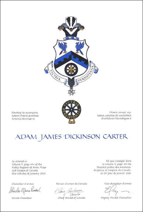 Lettres patentes concédant des emblèmes héraldiques à Adam James Dickinson Carter