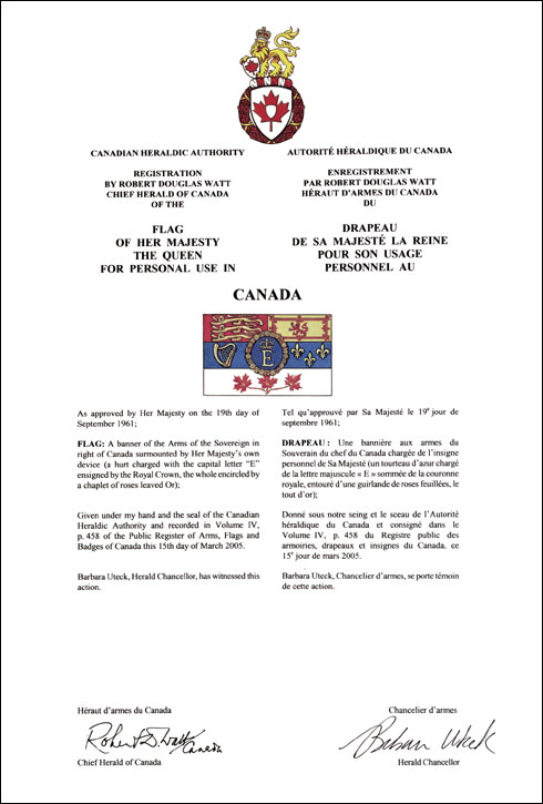 Letters patent registering the Flag of Her Majesty the Queen for personal use in Canada