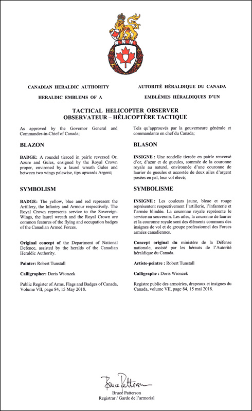 Letters patent approving the heraldic emblems of a Tactical Helicopter Observer of the Canadian Armed Forces