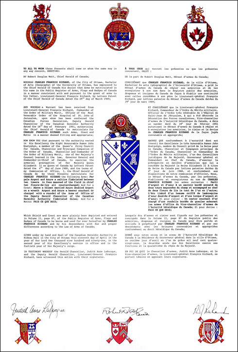 Letters patent granting Arms to Charles François Richard