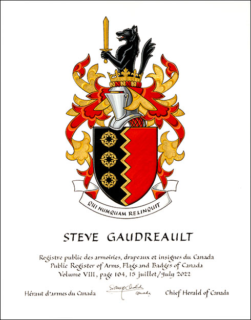 Letters patent granting heraldic emblems to Steve Gaudreault