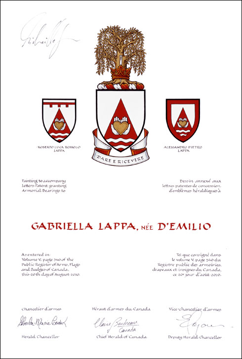 Letters patent granting heraldic emblems to Gabriella Lappa
