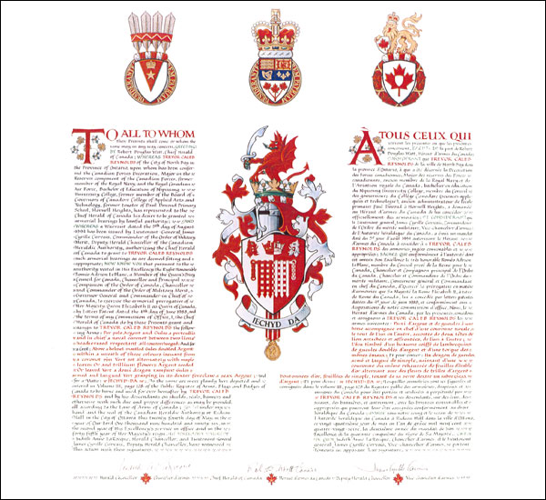 Letters patent granting heraldic emblems to Trevor Caleb Reynolds