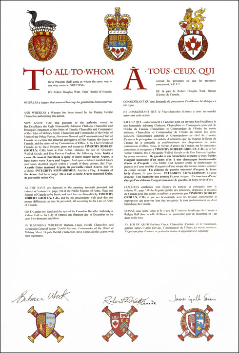 Letters patent granting heraldic emblems to Timothy Robert Groulx