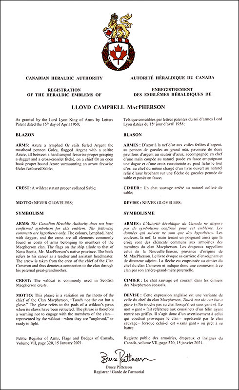 Letters patent registering the heraldic emblems of Lloyd Campbell MacPherson