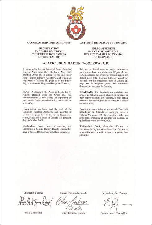 Letters patent registering the heraldic emblems of Alaric John Martin Woodrow