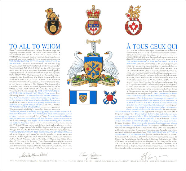 Lettres patentes concédant des emblèmes héraldiques à The Corporation of the Municipality of Brighton