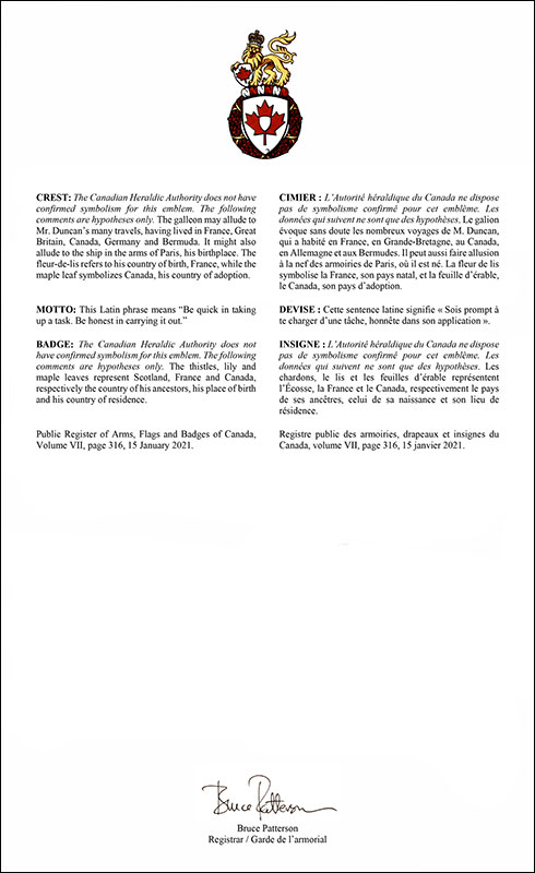 Letters patent registering the heraldic emblems of James Stuart Duncan