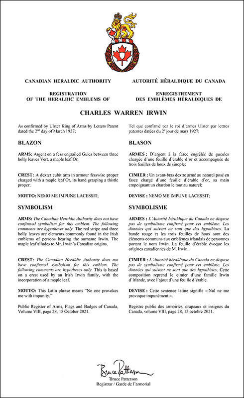 Letters patent registering the heraldic emblems of Charles Warren Irwin