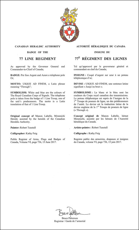 Lettres patentes approuvant l’insigne du 77e Régiment des lignes