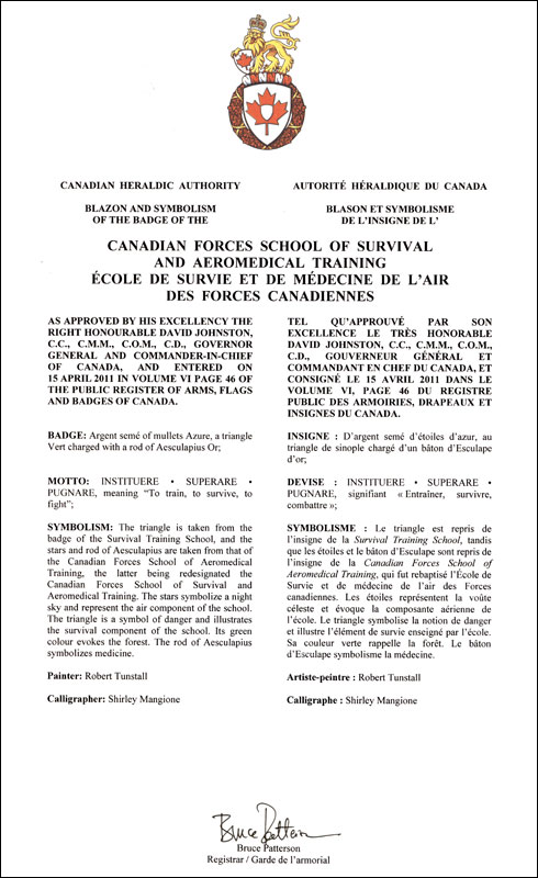 Letters patent approving the Badge of the Canadian Forces School of Survival and Aeromedical Training